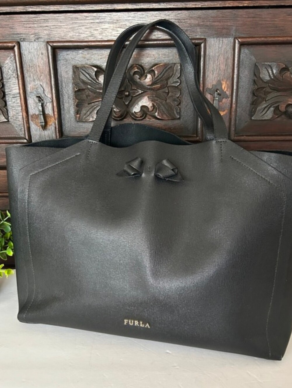 Furla Black Leather Tote with Gold Logo